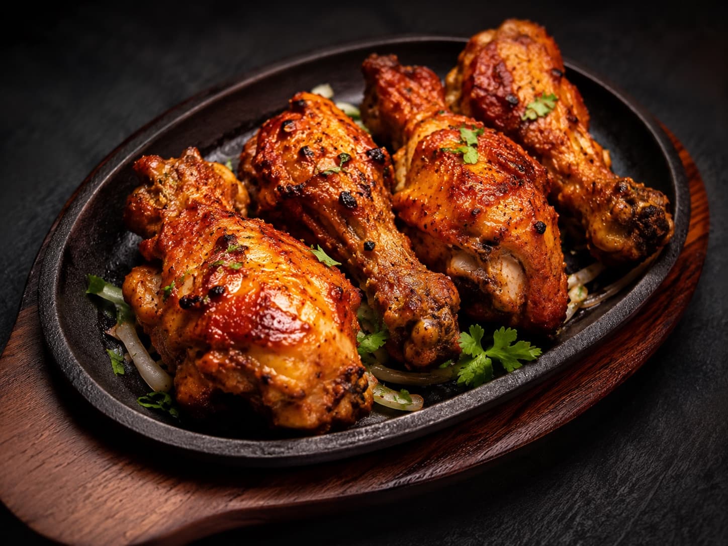Reshmi kebab pieces on a sizzler plate
